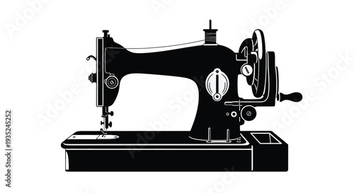 Vintage sewing machine illustration in stark black and white