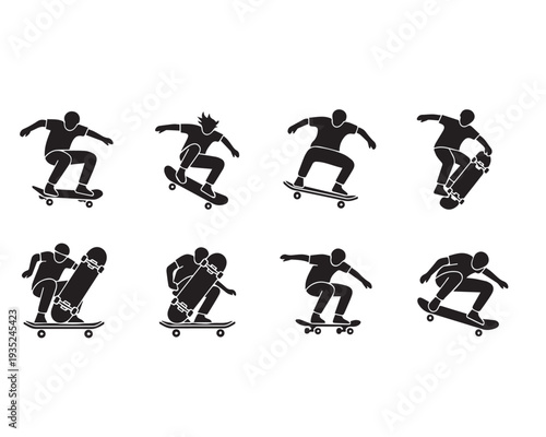 Skateboarder Silhouette Icon Set: Extreme Sports and Street Culture Graphics