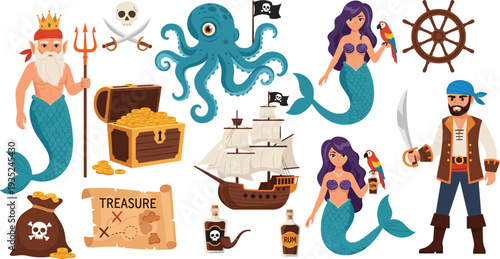 Pirate adventure vector set with mermaid, merman king, pirate captain, octopus, treasure chest, ship, and nautical fantasy elements.