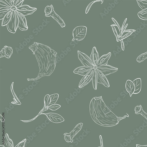 Garlic clove, star anise, dry cloves, oregano. Monochrome botanical seamless pattern drawing of fragrant herbs and spices. Graphic ink vector. Good for decoration of cooking, menu, decor, stickers