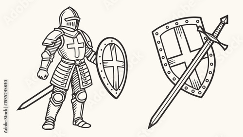 Vintage Medieval Knight Armor Hand Drawn Engraving Vector Set