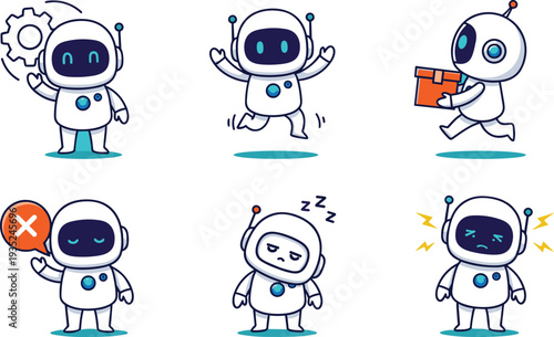 Cute astronaut robot character set with various poses and emotions including happy, working, delivery, sleeping, and error message concepts.