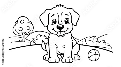Puppy Cartoon Drawing in a Park with a Happy Expression and a Ball