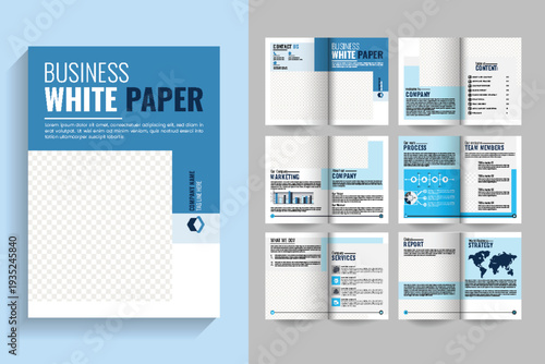12 page Modern White Paper Template for Business Reports, blue color Company product catalog design.
