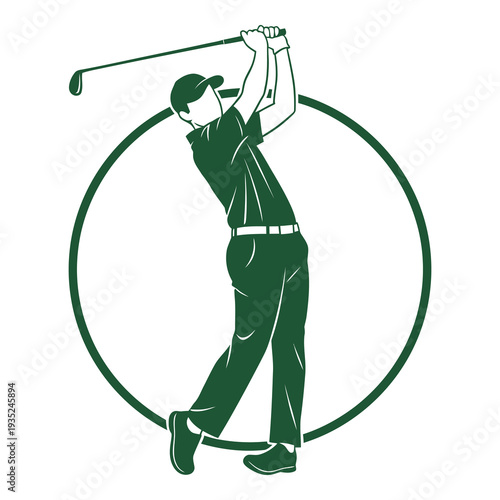 Golf player swinging club in green silhouette within circle  sports illustration icon