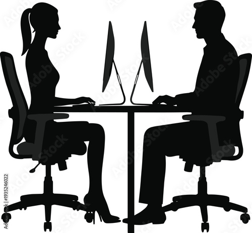 Business interview silhouettes of man and woman working at desktop computers across office desk, professional teamwork, recruitment, corporate communication, isolated vector illustration