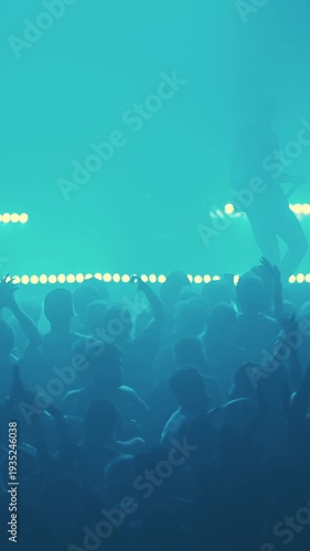 A concert of a punk rock band in a small foggy club