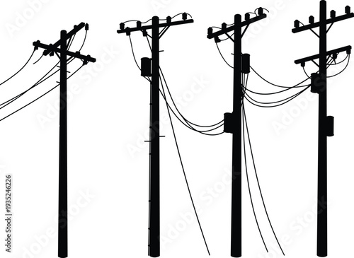 Silhouette utility poles with crossarms, insulators, transformers, electrical components, power lines, energy distribution system, urban infrastructure, electricity grid illustration
