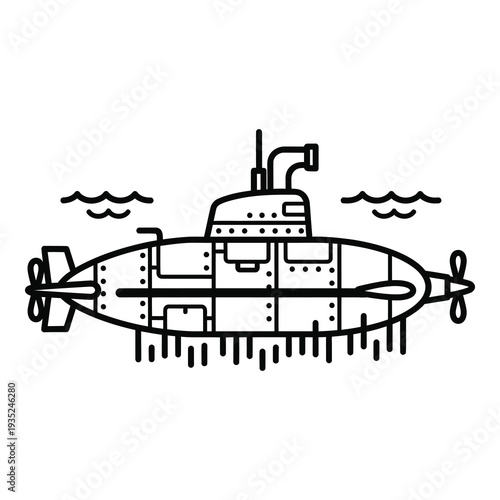 Line drawing of a submarine underwater with propellers and waves icon