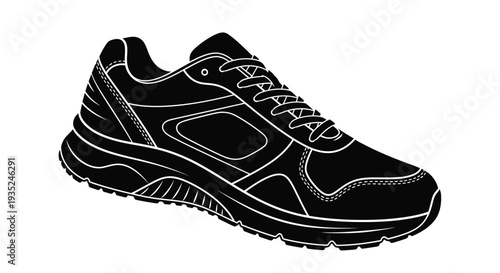 Black and white illustration of a running shoe with visible details