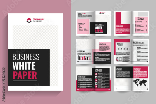 12 page Corporate red black paper template layout. Creative White Paper Layout. Professional White Paper and Company Brochure template