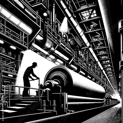 Industrial worker operating heavy machinery in modern factory with dramatic lighting