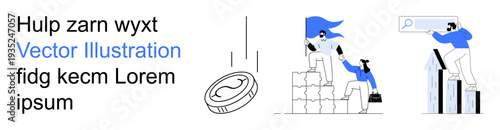 Business strategy, financial planning, teamwork, online search, leadership, success. Team collaborating on growth, coin illustration and search bar. Financial planning and teamwork concept