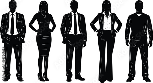 Set of black business professional silhouettes featuring men and women in suits and smart casual attire isolated on white background for corporate office design.