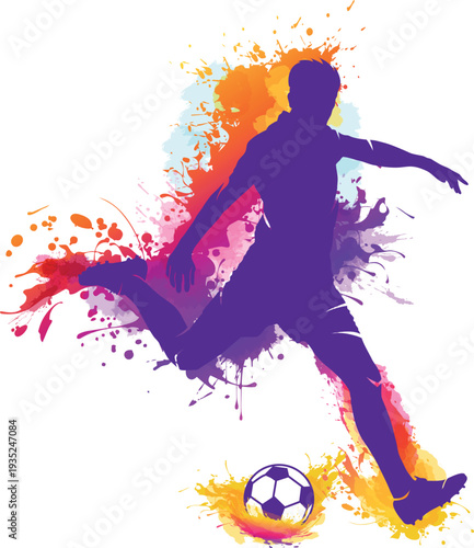 An energetic vector illustration with a football player's silhouette performing a jump and kick. The figure is rendered in a rich purple color and is complemented by bright abstract splashes of paint