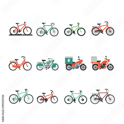 Bicycles and Motorcycles Flat Design Vector Collection Transportation Icons
