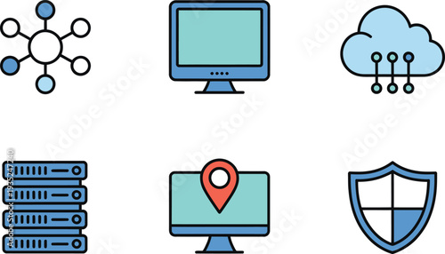 Collection of Technology and Network Cloud, Server, Monitor, Shield, and Network Diagram