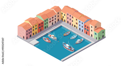 Isometric vector illustration of a harbor with colorful buildings and boats, perfect for travel, tourism, or architectural design concepts.