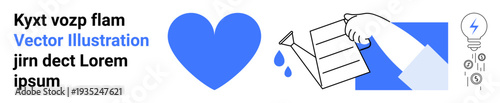 Healthcare, sustainability, charity, innovation, eco-friendly practices, community support. Blue heart, hand holding paper with droplets lightbulb icon. Healthcare and sustainability concepts