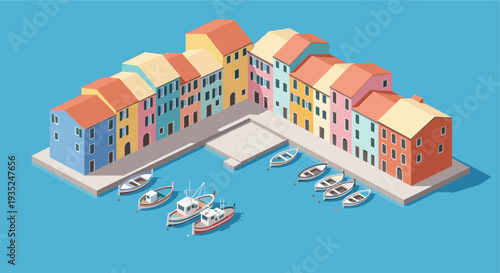 Isometric illustration showcases a charming Italian village harbor featuring colorful buildings and docked boats, offering a whimsical and vibrant representation of coastal living.