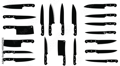 Collection of various black silhouette kitchen knives and cutting tools