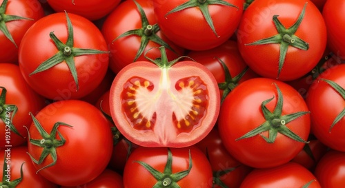 A vibrant display of fresh tomatoes with one cut open to reveal its juicy interior