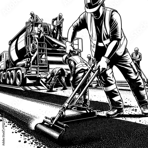 Road construction workers with heavy roller machine on urban street repair site