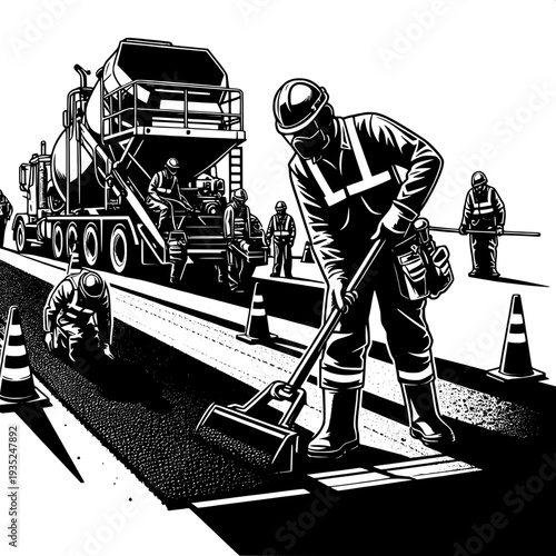 Road construction workers with heavy roller machine on urban street repair site