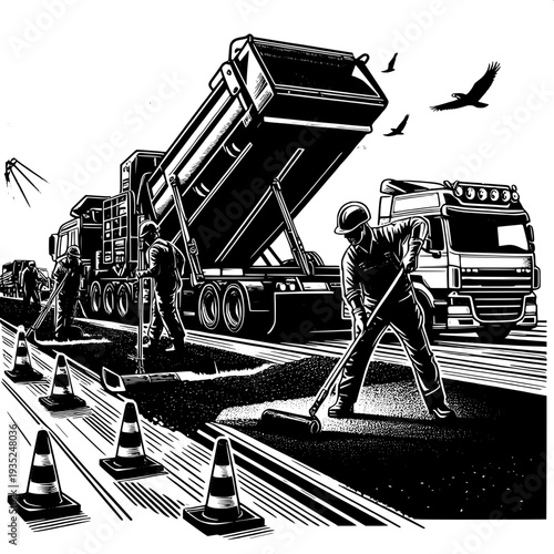 Road construction workers with heavy roller machine on urban street repair site