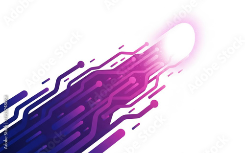 Vibrant digital circuit board trails with glowing neon lights in a futuristic technology environment viewed from a dynamic angle