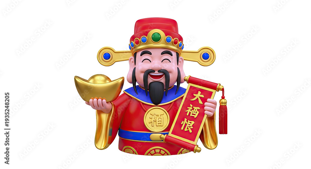 Fototapeta premium God of Wealth holding gold ingot and scroll