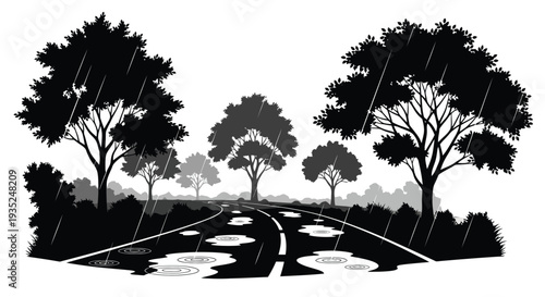 A rainy day scene with a winding road and silhouetted trees