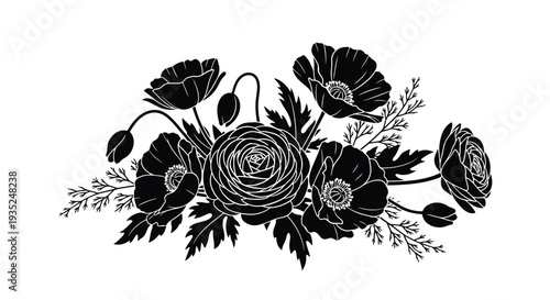Black and white floral arrangement featuring poppies and roses