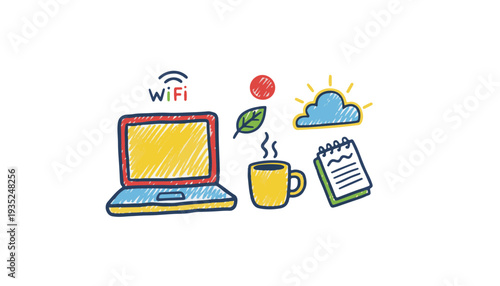Laptop workspace digital nomad remote work concept with coffee and cloud icons for freelance mobility and world tourism day