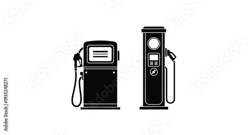 Two black gas pumps displayed on a plain white background