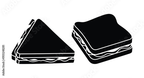 Two black and white silhouette images of sandwiches one cut in half
