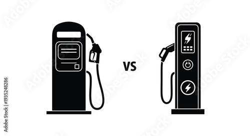 Gasoline pump versus electric vehicle charging station comparison illustration