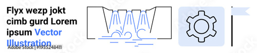 Flowing water, gear icon, and flag symbolizing process, movement, settings, and goals. Ideal for engineering, technology, workflow manufacturing fluid dynamics and simple landing page