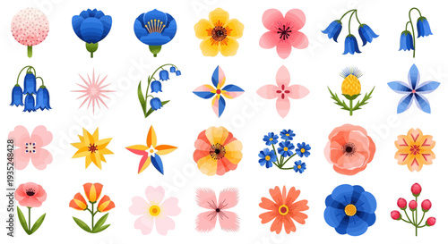 Vibrant Floral Illustrations Featuring Various Blooms and Petals in a Diverse Array of Colors and Shapes