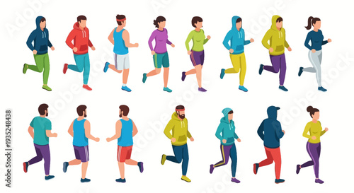 Diverse group of runners in various attire running from different viewpoints in a digital illustration