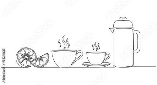 Steaming coffee cups and citrus slices beside a coffee thermos on a table