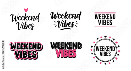 Collection of 'Weekend Vibes' typography designs in various styles and layouts, showcasing vibrant text, hearts, and polka dots