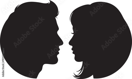 Black silhouettes of a man and a woman facing each other white background