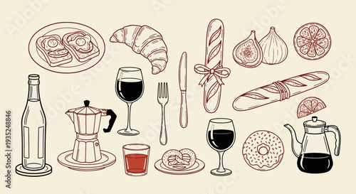 Illustration of coffee and pastries on a table with various coffee-making equipment and utensils displayed