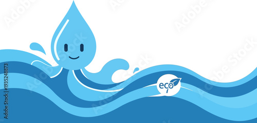 Cute smiling water drop character in waves, promoting water conservation and eco-friendly practices