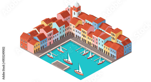 Isometric vector illustration of a colorful Italian town with boats docked in a harbor, showcasing vibrant buildings and turquoise water. Ideal for travel and architecture concepts.