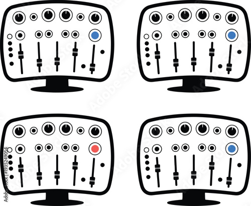 Four identical audio mixing consoles with different colored indicator lights