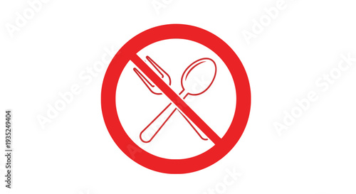No eating sign with crossed fork and spoon in red circle.