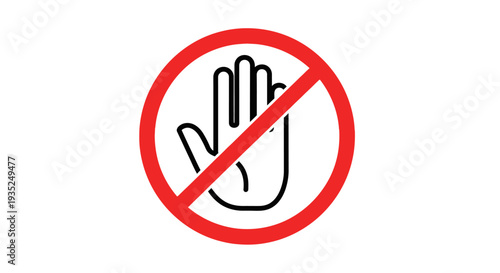 Stop hand gesture in red circle prohibition sign.