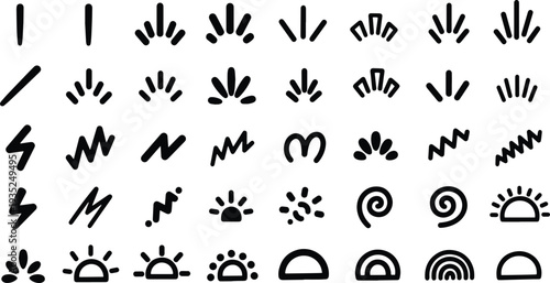 A set of vector line art silhouettes depicting various abstract sun and weather symbols in black.